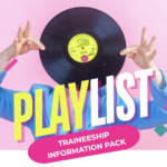 A person in a blue suit jacket holds a vinyl record up so that their face is not visible. Bold text reads 'Playlist Traineeship information pack'